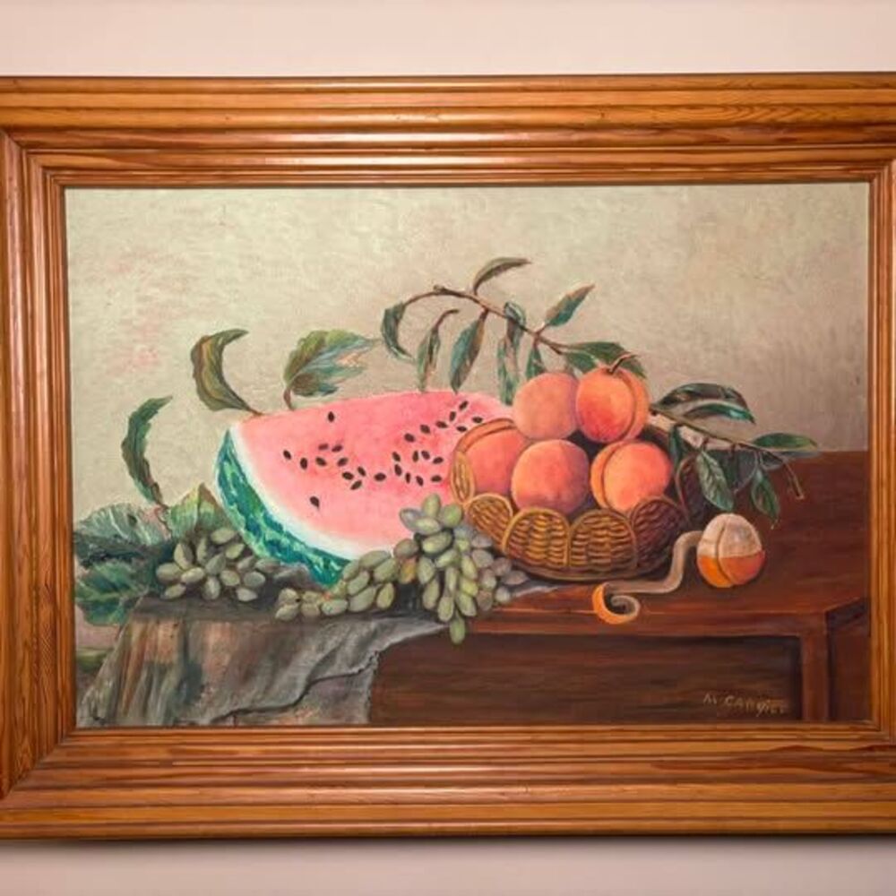 Large Vintage Fruit Still Life Painting in Wood Frame